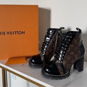 Louis Vuitton Black and Brown Monogram Lace-Up Platform Ankle Boots